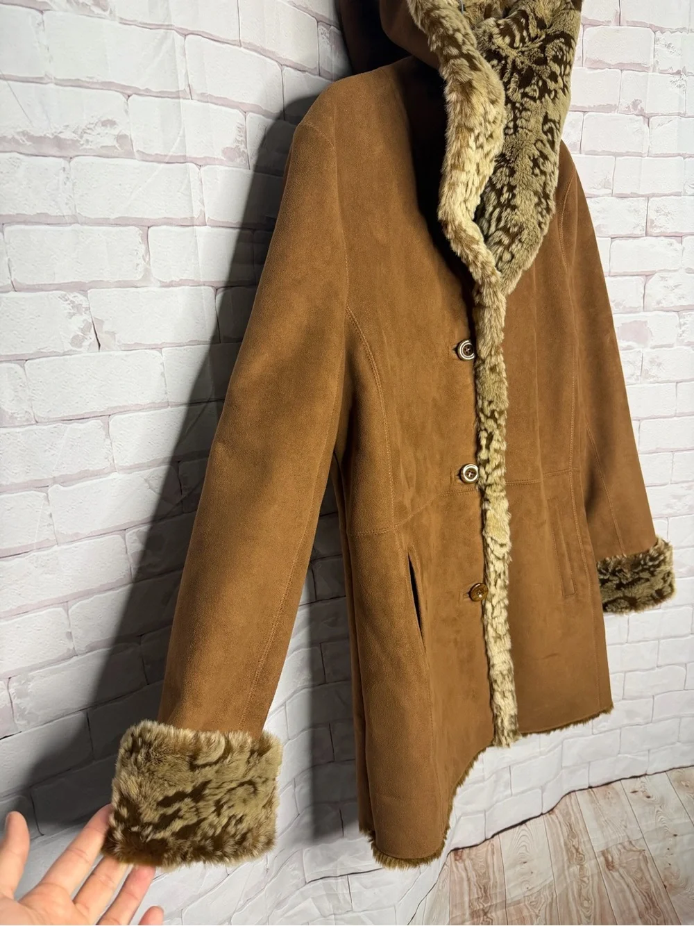 Coldwater Creek Faux Suede Leopard Faux‎ Fur Coat Jacket Medium
